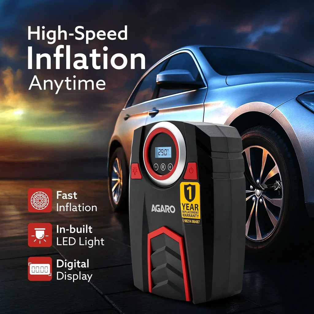 Marvel Tyre inflator, for Cars, 12V, Upto 150 PSI, 120 W Powerful Motor, Up to 3M Long Cable, Digital Display, Multiple Nozzles