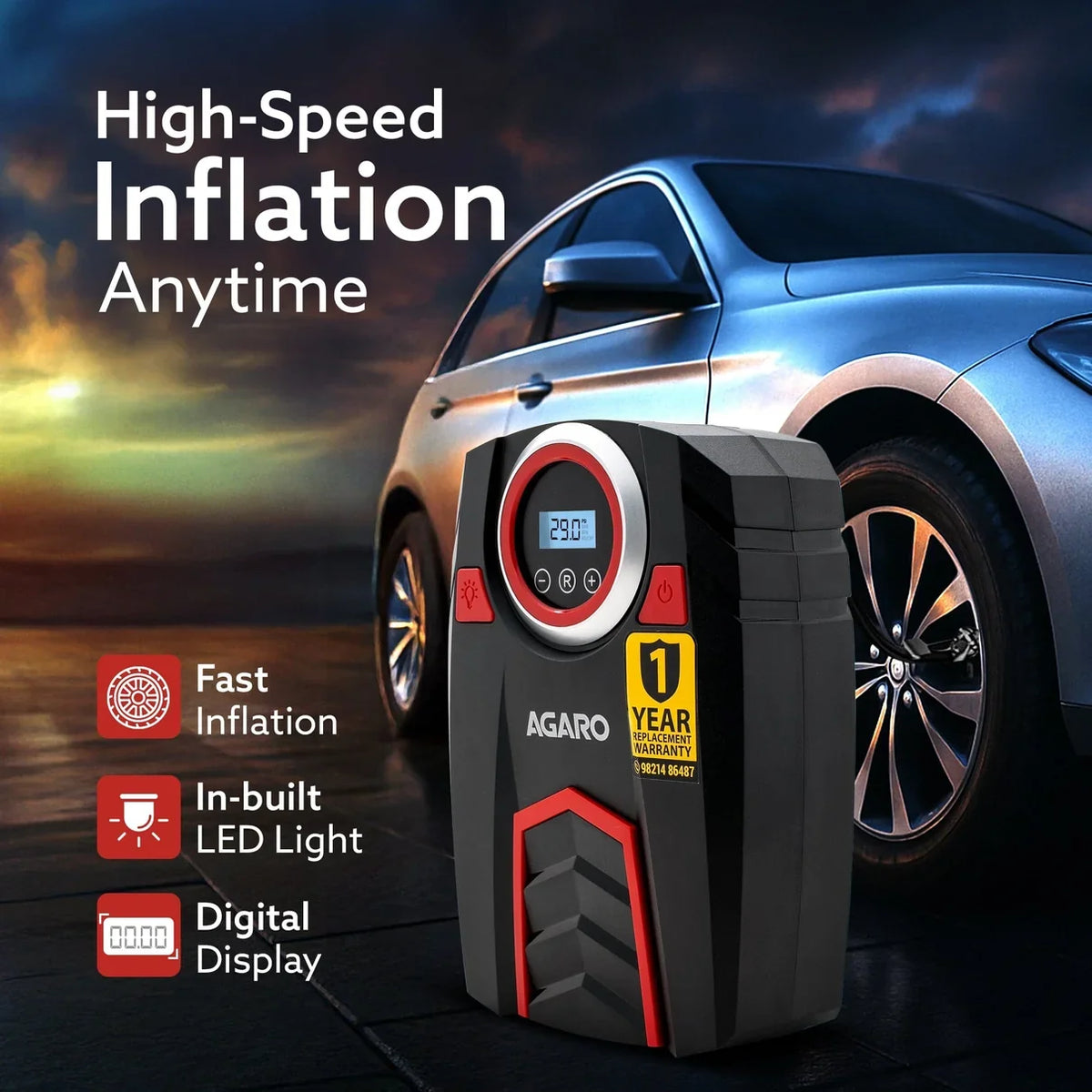 Marvel Tyre inflator, for Cars, 12V, Upto 150 PSI, 120 W Powerful Motor, Up to 3M Long Cable, Digital Display, Multiple Nozzles