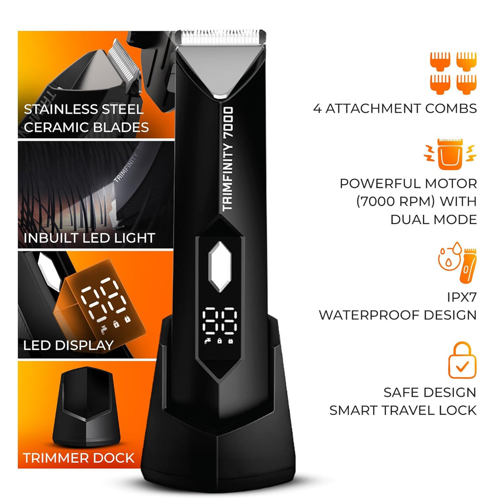 Trimfinity 7000 Body Trimmer for Men- Safest Body & Private Part Trimmer - Pubic Hair Groomer, Underarm - Waterproof, Ceramic Blades, Rechargeable with Wireless Fast Charging,Black