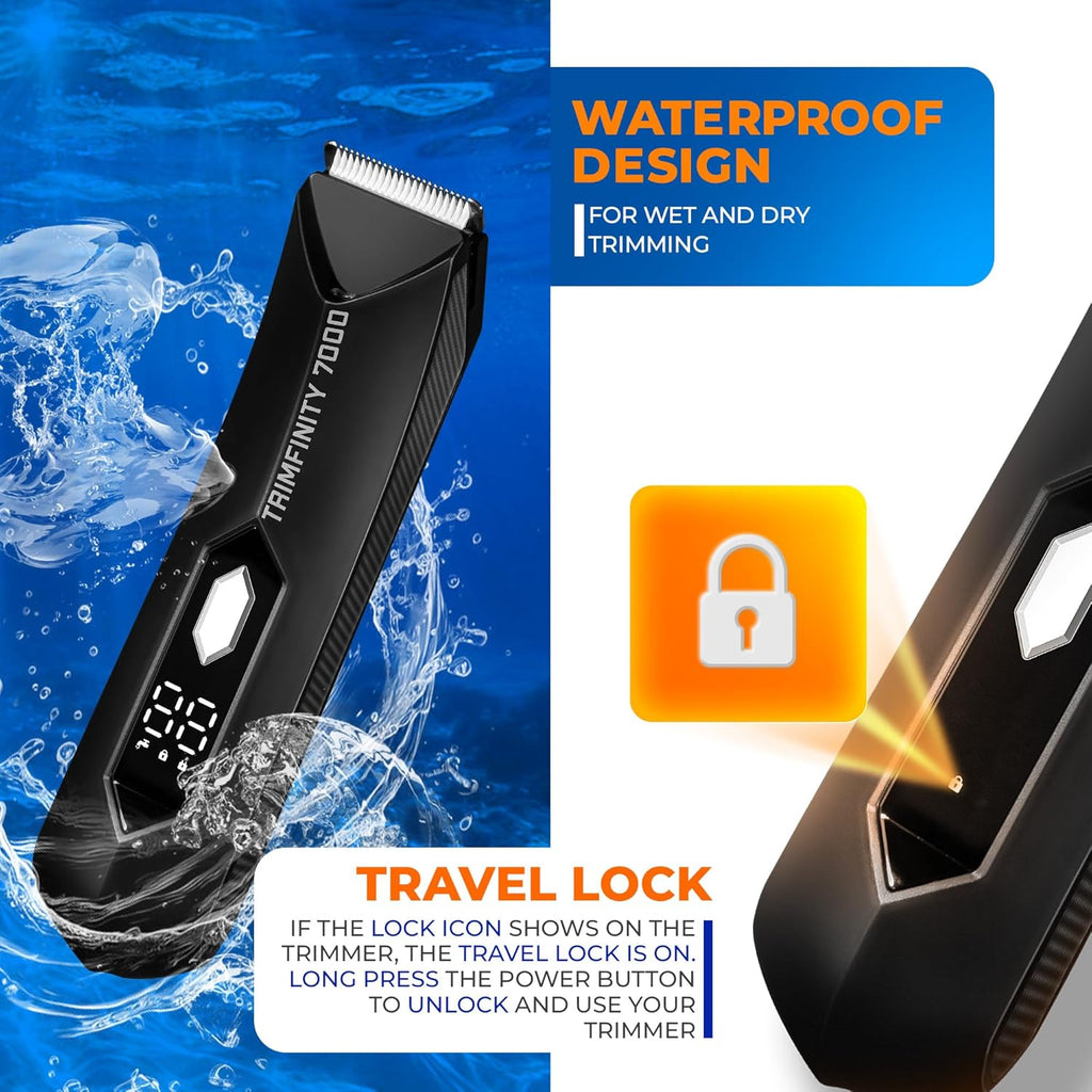 Trimfinity 7000 Body Trimmer for Men- Safest Body & Private Part Trimmer - Pubic Hair Groomer, Underarm - Waterproof, Ceramic Blades, Rechargeable with Wireless Fast Charging,Black
